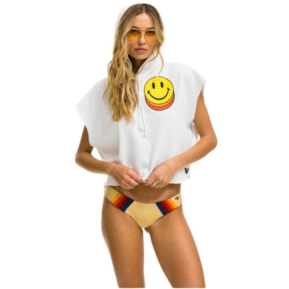 NEW Aviator Nation Smiley Sunset Relaxed Cropped Pullover Hoodie - White Size XS